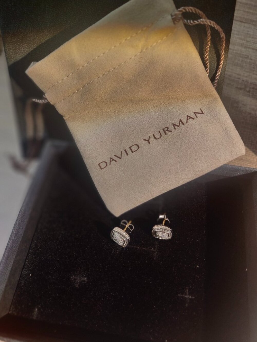 David Yurman Classic Silver Cable Edge Square Pave Stud Earrings - Picture 5 of 8